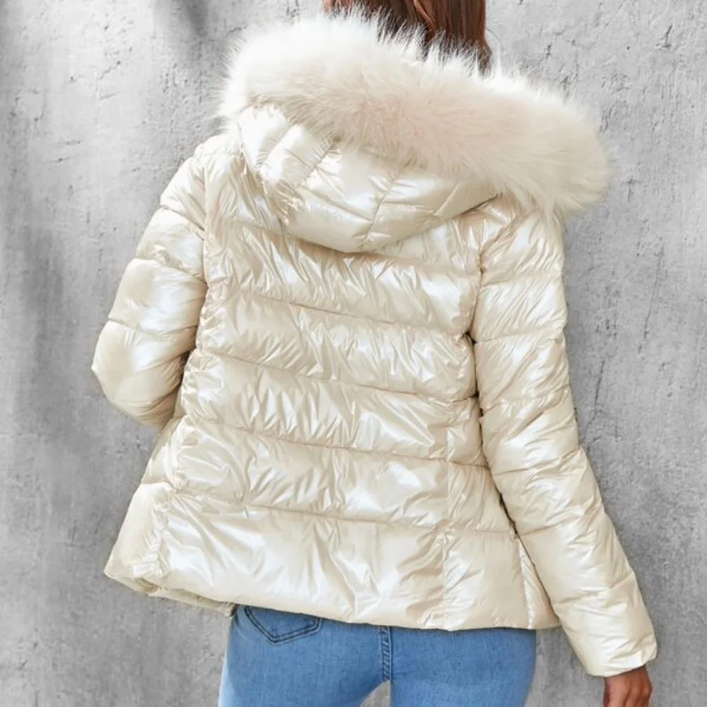 Metallic Black faux fur hood puffer quilted oversized jacket - Picture 7 of 10
